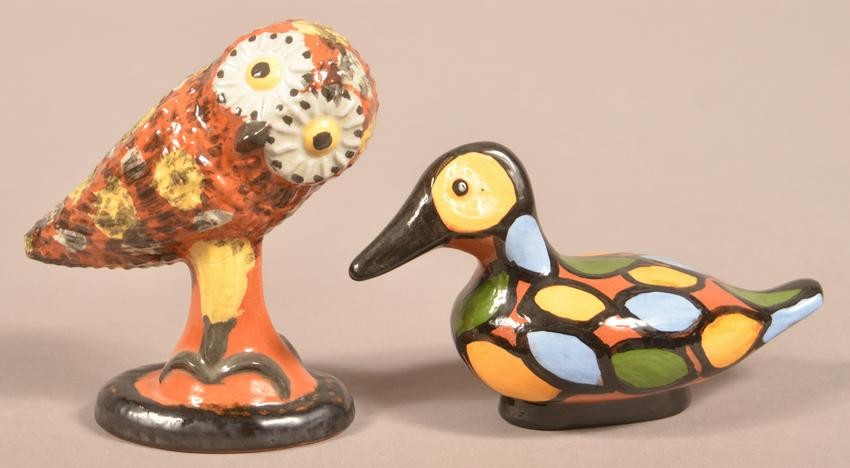 2 Seagreaves Glazed & Molded Redware Bird Figurines.