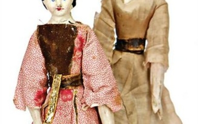 2 dollhouse dolls, Biedermeier, wood/papier mâché