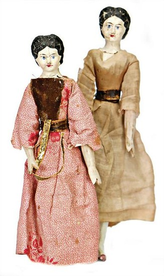 2 dollhouse dolls, Biedermeier, wood/papier mâché