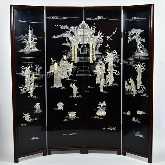 20thC Screen with Mother of Pearl Figural and Temple