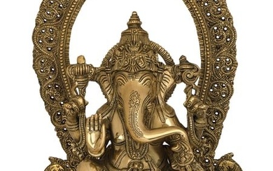 21" Lord Ganesha Seated on Prabhawali Throne In Brass