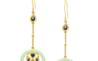 22K Gold Blue Sapphire and Rose Cut Diamond Enamel Earrings Handmade by AGARO