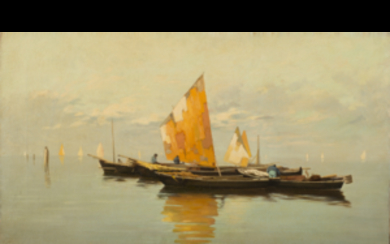 Pietro Fragiacomo ( Trieste 1856 - Venezia 1922 ) , "Pescatori in laguna" olio su tela (cm 46x80) Firmato in basso a sinistra