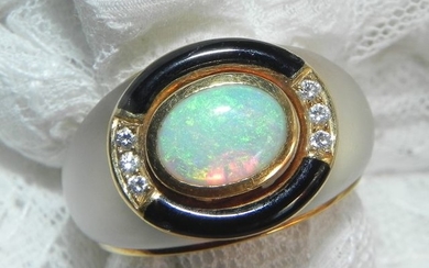Otto Klein, Yellow gold - Ring 750-gau gold ring mountain crystal with opal, enamel tapes 6 brilliance - 1.00 ct Opal