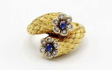 18 kt. Yellow gold - Ring, with flowers Sapphire - Diamond