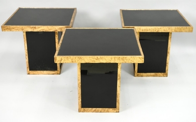 (3) FRENCH GILT METAL & BLACK GLASS SIDE TABLES
