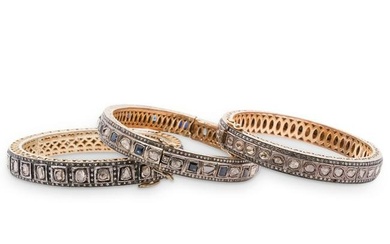 (3 Pc) Antique Mughal Vermeil Silver and Diamond Inset Bangle Bracelets