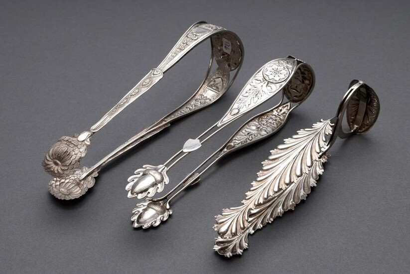 3 Various Empire sugar tongs with different floral decorations, German circa 1810/1820, silver, 91g, l. 15-16.5cm, small defects, 1x restored