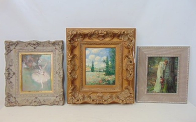3 paintings, copies, Degas Ballerina scene, oil on Masonite, 10" by 8"; Woman mourning, oil on