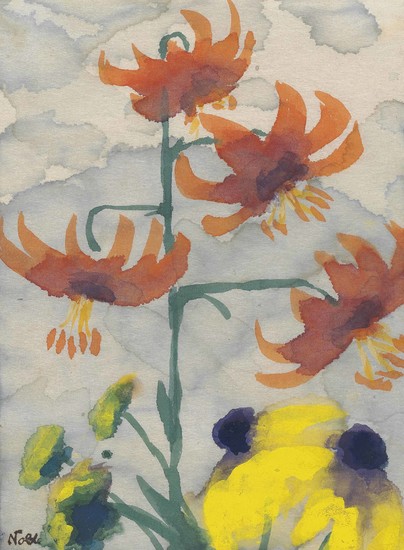Emil Nolde (1867-1956), Blumen-aquarell mit Türkenbundlilien und Rudbeckien