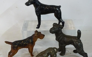 (4) DOG FIGURES: (3) BRONZE INC. AIREDALE, (1) LEAD