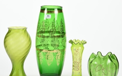 (4) Vases, Green Art Glass