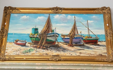 AN OIL ON CANVAS OF A BOATYARD BY J. VERNAL IN GILT FRAME, INFORMATION TO VERSO