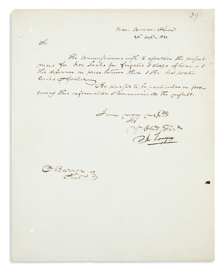 RODGERS, JOHN. Letter Signed, "Jn Rodgers," as President of the Board of Navy...