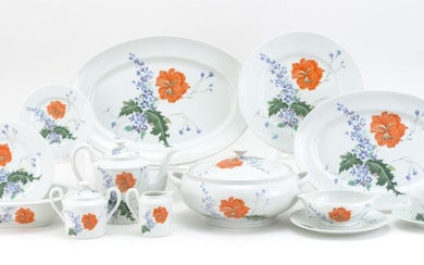 CERALENE A. RAYNAUD ET CIE "PAVOT" PATTERN PORCELAIN DINNER SERVICE Poppy and delphinium design inspired by an 18th Century painting...