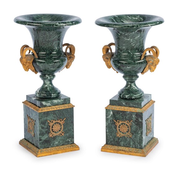A Pair of Empire Style Gilt Metal Mounted Marble Urns on Stands