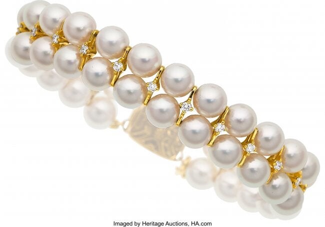 55061: Diamond, Cultured Pearl, Gold Bracelet, Mikimoto