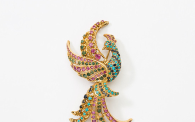 An 18 carat gold, ruby, emerald and sapphire peacock brooch
