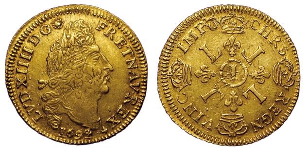 61 Louis XIV. Louis d'or aux 4 L1694 I. Limoges. R…