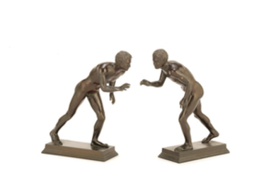 After the Antique: A pair of late 19th century / early 20th century Italian Grand Tour bronze figures of wrestlers