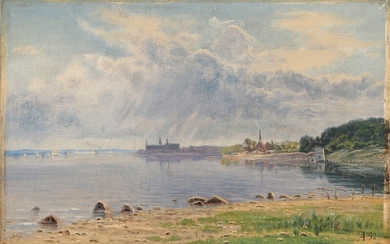 Anton Thorenfeld: Beach view from Hellebæk with Kronborg Castle in the background. Signed with monogram and dated 92. Oil on canvas. 29×45.5 cm. Unframed.