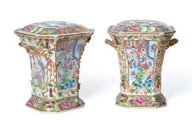 A Pair of Cantonese Porcelain Bough Pots and Covers, mid...