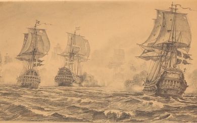 Carl Neumann: The battle of Copenhagen 2 April 1801. Unsigned. Pencil on paper. 20.5×35 cm.