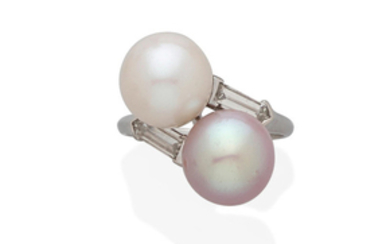A colored cultured pearl, cultured pearl, diamond and platinum bypass ring