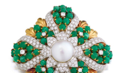 A cultured pearl, emerald and diamond pendant/brooch,, Gucci