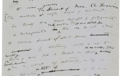 DARWIN, Charles (1809-1882). Autograph manuscript signed (''Ch. Darwin''), titled “The Descent of Man,'' being a working draft in 12 lines with autograph cancellations and emendations [England, 1860s].