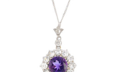 A diamond and amethyst cluster pendant, with 18ct gold chain. View more details