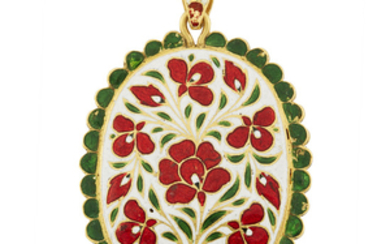 Gold, Carved Emerald, Diamond, Ruby and Enamel Pendant