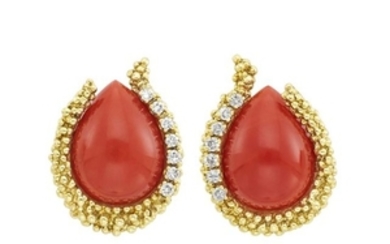 Pair of Gold, Coral and Diamond Earrings