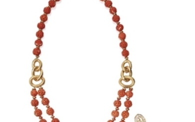 Gold and Coral Necklace and Pair of Diamond Earclips, Van Cleef & Arpels
