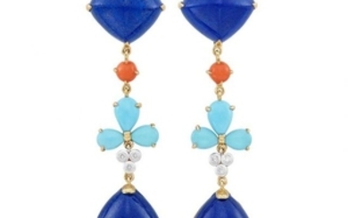 Pair of Gold, Lapis, Coral, Turquoise and Diamond Pendant-Earclips