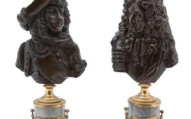 A Pair of Grand Tour Bronze Busts on Gilt Metal Mounted Grey Marble Pedestal Bases