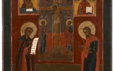 GRANDE ICÔNE, RUSSIE, DÉBUT DU XIXe SIÈCLE Les saints Jean et Ménas entourant une icône de la Crucifixion Tempera sur bois