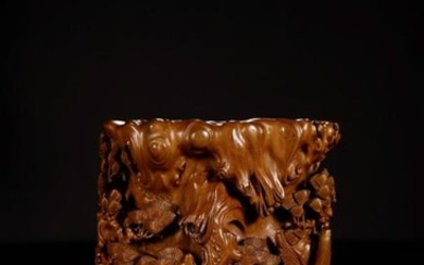 A HUANGYANG WOOD CARVED STORY PATTERN BRUSH POT