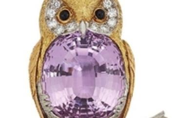 A kunzite and diamond owl brooch, modelled...