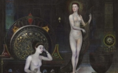 Lucien Renout: Symbolist composition with two naked women. Signed and dated Lucien Renout 1882. Oil on canvas. 120 x 89 cm.