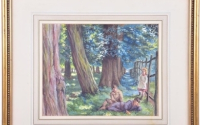 Manner of Sir George Clausen (1852-1944) British a group of children in a woodland scene, watercolour, 20.5 cm x 26 cm,...