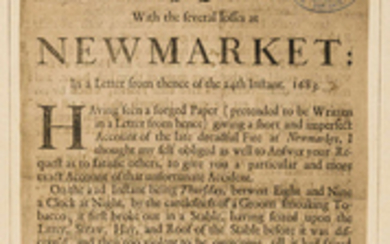 Newmarket.- Cole (John) A Full and more Particular Account of the Late Fire With the several losses at Newmarket, broadside, for John Smith, 1683.