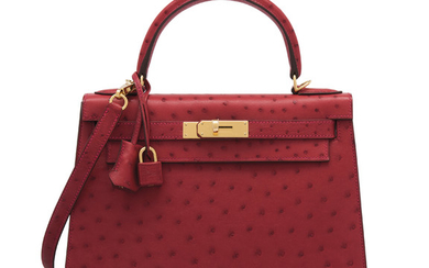 A ROUGE VIF OSTRICH SELLIER KELLY 28 WITH GOLD HARDWARE, HERMÈS, 2017