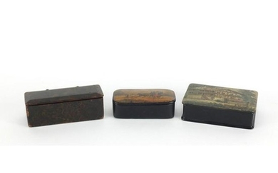 Three antique papier-mâché snuff boxes including an