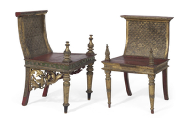 TWO INDIAN GILT-GESSO, APPLIED SEQUIN AND RED-PAINTED SIDE CHAIRS, 19TH CENTURY