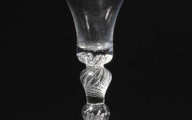 An unusual composite-stemmed wine or cordial glass, circa 1740-50