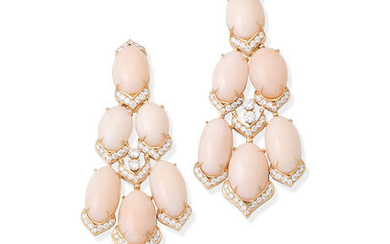 A pair of coral and diamond chandelier earrings,, by Faraone