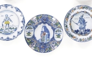 Three Dutch Delft blue and white and polychrome plates, mid-18th century