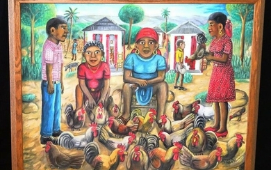 70s Haitian Painting Lady & Roosters Wilson Bigaud