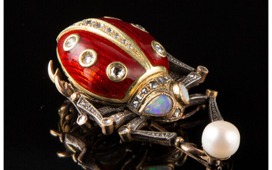 A 14K Gold, Silver, Guilloché Enamel, Diamond, and Opal-Mounted Insect-Form Brooch in the Manner of Fabergé (late 20th century)